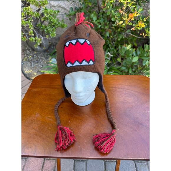 DOMO Mohawk Earflap Pom Pom Beanie Trapper Hat Adult One Size Brown Red Knit - Picture 1 of 10